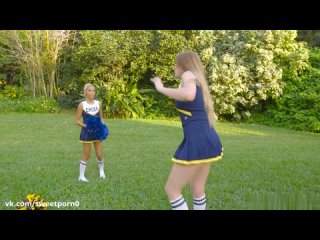 cheerleader seduces second for handjob and lesbian sex